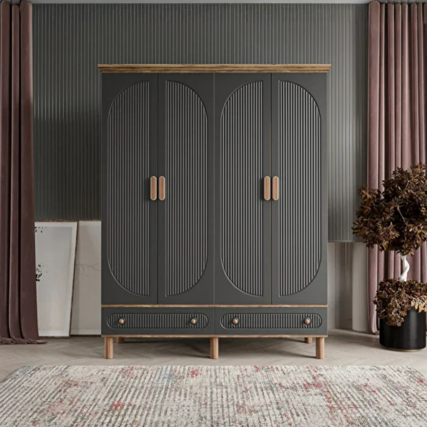 4 Kapaklı Siyah Dolap MDF | 2 Yıl Garanti